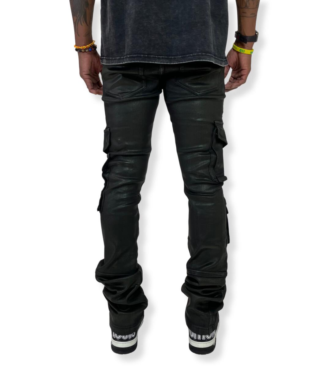 VICIOUS DENIM VEGAN LEATHER  STACKED PANTS VC.257 'BLACK'