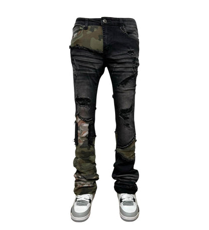 VICIOUS DENIM CAMO STACKED PANTS VC.248 'SAVAGE BLACK'