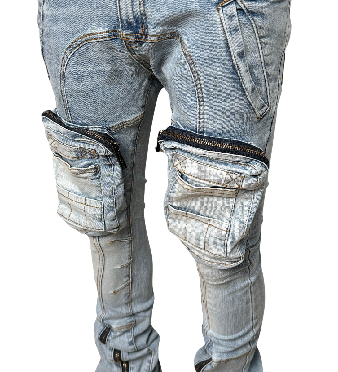 VICIOUS DENIM ZIP CARGO DENIM PANTS-VC423 MUD BLUE