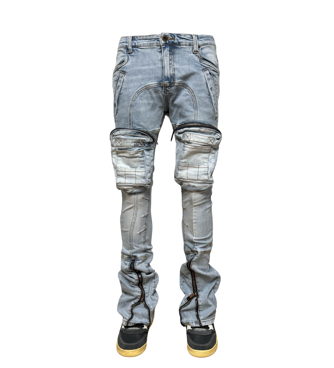 VICIOUS DENIM ZIP CARGO DENIM PANTS-VC423 MUD BLUE