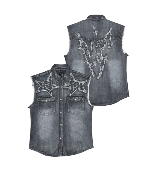 VICIOUS CUT-OUT DENIM SLEEVELESS SHIRT (VC-452 VINTAGE BLACK)