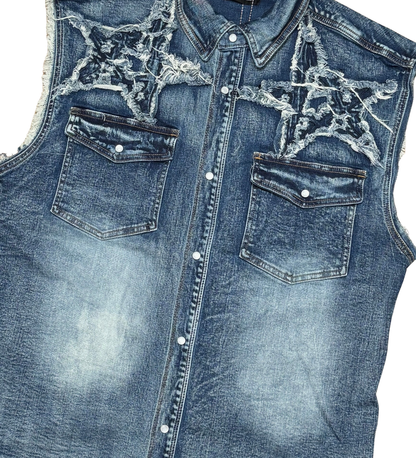 VICIOUS CUT-OUT DENIM SLEEVELESS SHIRT (VC-452 INDIGO)