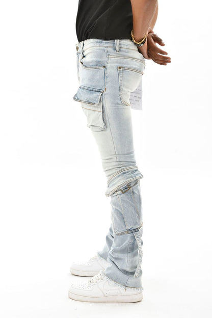 VICIOUS DENIM DUAL CARGO STACKED FLARE PANTS-VC427 ICE BLUE