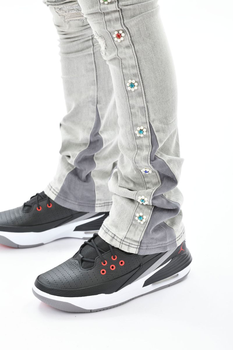 VICIOUS DENIM JEANS /SUEDE CUT / SEW AND PEARL VC612 LIGHT GREY