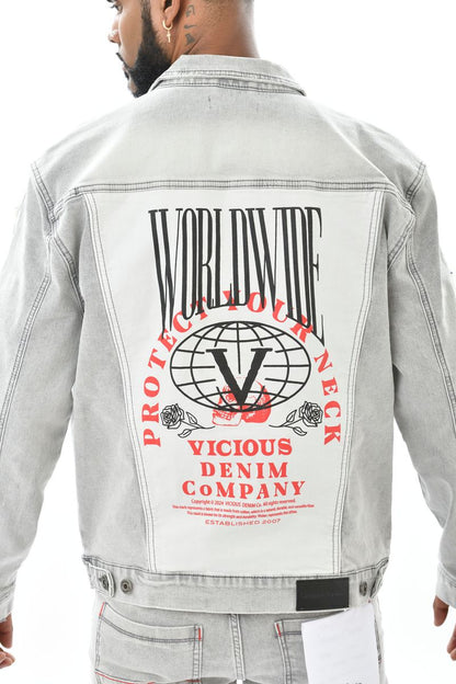 VICIOUS DENIM JACKET w/ Suede Cut & Sew and Pearl + Gem Stone Details VC611 LIGHT GREY