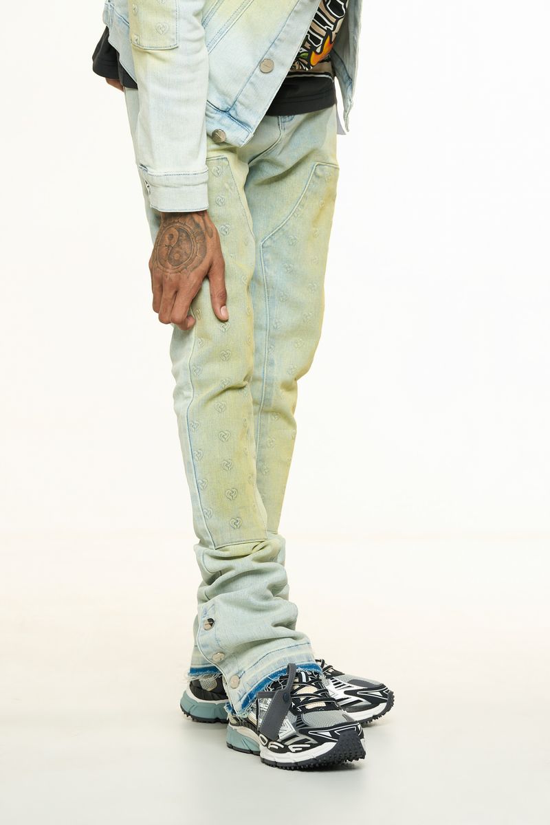 PHEELINGS "MENDING HEARTS" EMBOSSED FLARE STACK DENIM (PH-SS24-85)-LT BLUE/SAND