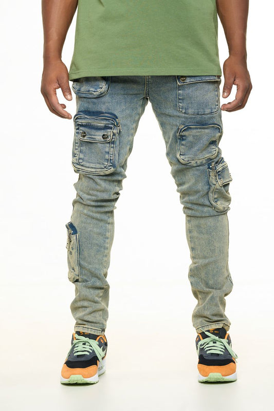 PHEELINGS "LUCID DREAMS" CARGO SKINNY DENIM (PH-SS24-87)-MEDIUM BLUE/SAND