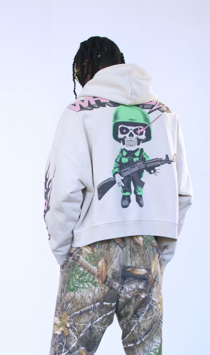 WRATHBOY WORLD AT WAR CROPPED HOODIE (WB05-084 CEMENT)