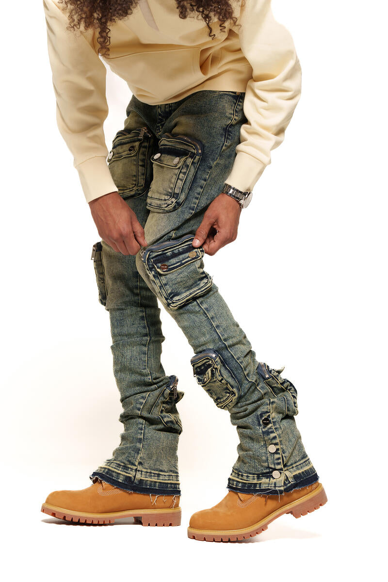 PHEELINGS "JOURNEY TO GREATNESS" CARGO FLARE STACK DENIM (PH-SS24-28) NAVY BLUE