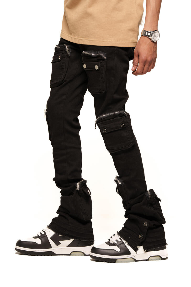 PHEELINGS "JOURNEY TO GREATNESS" CARGO FLARE STACK DENIM (PH-SS24-27) JET BLACK