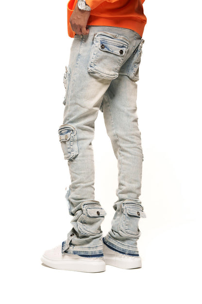 PHEELINGS "JOURNEY TO GREATNESS" CARGO FLARE STACK DENIM (PH-SS24-29)LIGHT BLUE