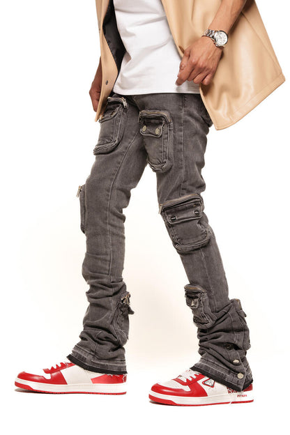 PHEELINGS "JOURNEY TO GREATNESS" CARGO FLARE STACK DENIM (PH-SS24-26)CHARCOAL GREY