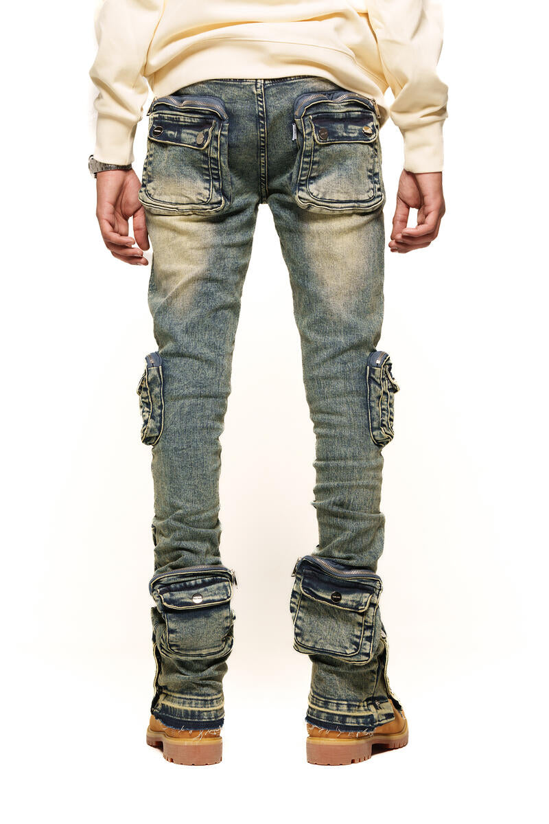 PHEELINGS "JOURNEY TO GREATNESS" CARGO FLARE STACK DENIM (PH-SS24-28) NAVY BLUE