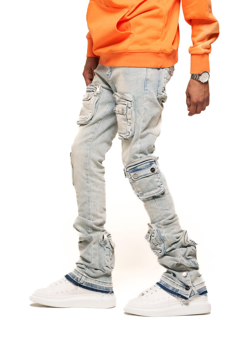 PHEELINGS "JOURNEY TO GREATNESS" CARGO FLARE STACK DENIM (PH-SS24-29)LIGHT BLUE