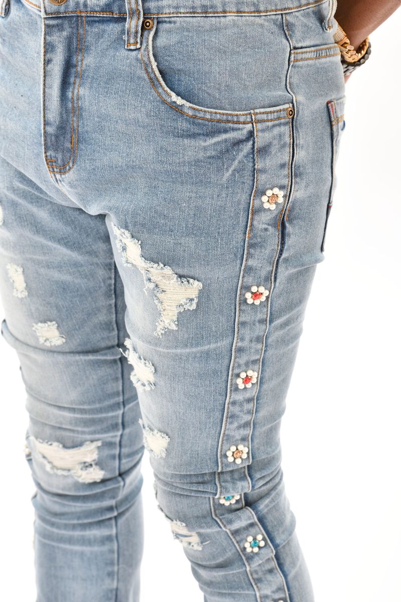 VICIOUS DENIM JEANS /SUEDE CUT / SEW AND PEARL VC612 LIGHT BLUE