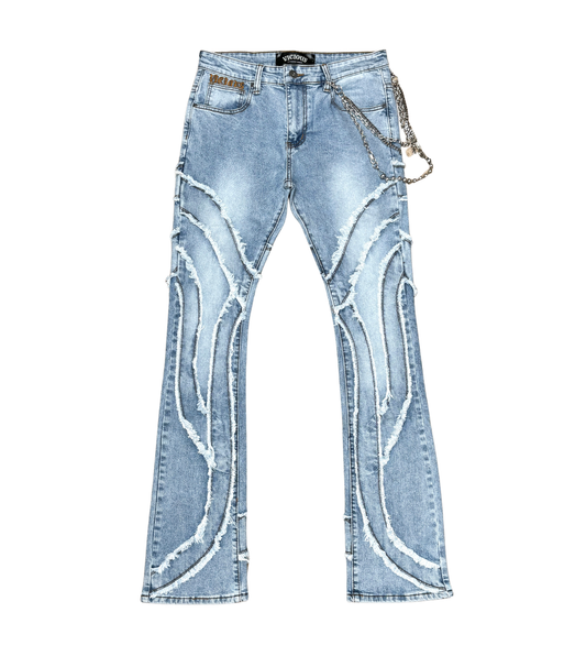 VICIOUS DENIM FRAY RIPPED FLARE DENIM W/MULTI CHAINS VC690-LIGHTBLUE