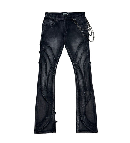 VICIOUS DENIM FRAY RIPPED FLARE DENIM W/MULTI CHAINS VC690-BLACK