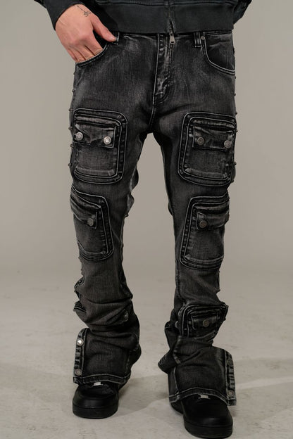 VICIOUS DENIM STUDDED WARRIOR CARGO FLARE FIT DENIM VC671-BLACK