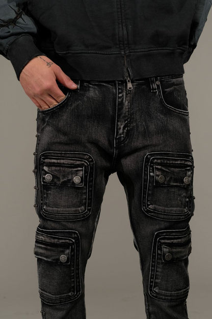 VICIOUS DENIM STUDDED WARRIOR CARGO FLARE FIT DENIM VC671-BLACK