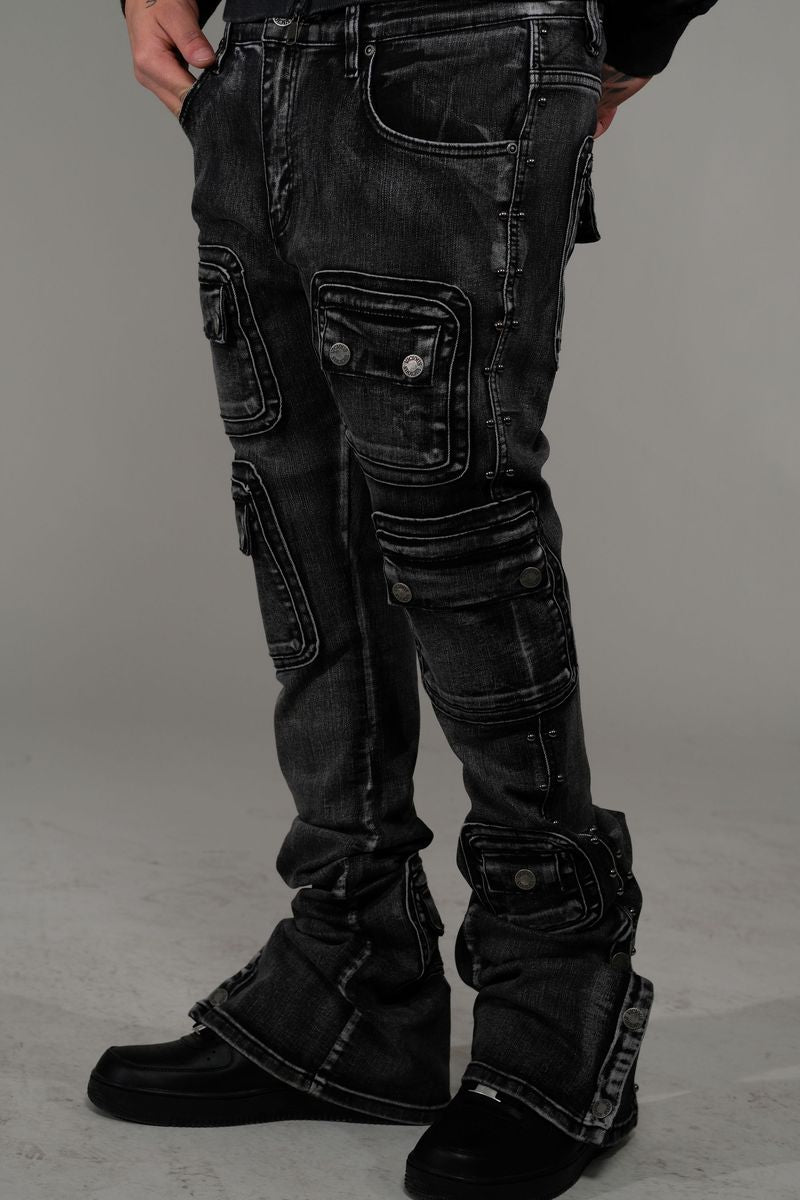 VICIOUS DENIM STUDDED WARRIOR CARGO FLARE FIT DENIM VC671-BLACK