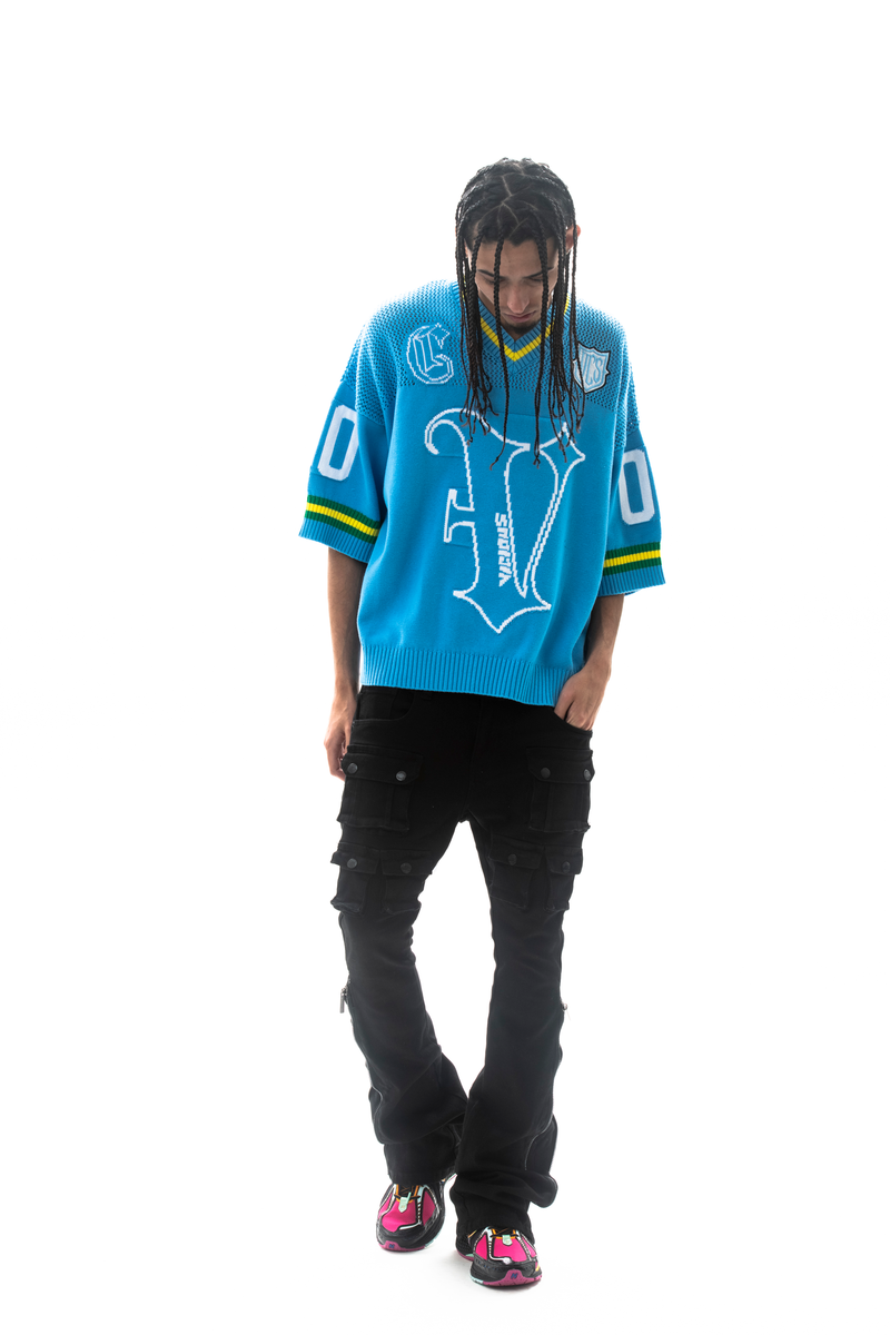 VICIOUS CROP JERSEY SWEATER VC607-AQUA/WHITE