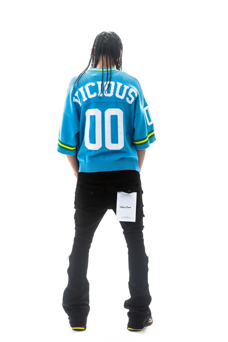 VICIOUS CROP JERSEY SWEATER VC607-AQUA/WHITE