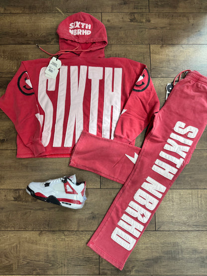 6TH NBRHD "CUTOUT" RELAXED FIT FLEECE PANTS 6TH-P3301-RED