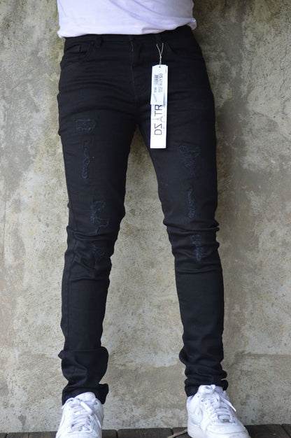 Premium Disaster SUPER STRETCH DENIM - SLIM FIT - JET BLACK RIPS (DZTR-351)