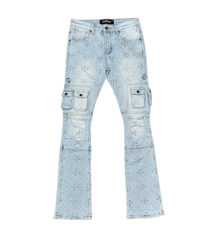 VICIOUS TWO TONE RHINESTONE CARGO FLARE DENIM VC755-INDIGO