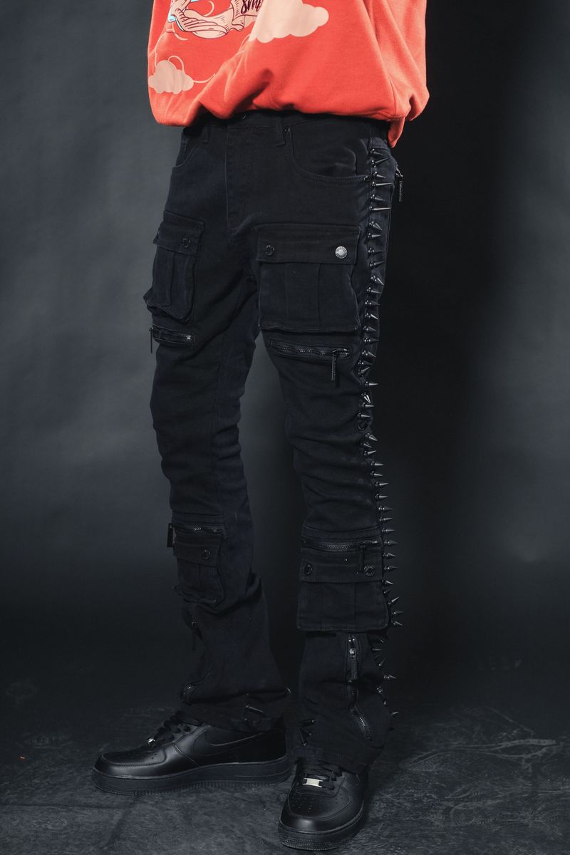 VICIOUS MULTI CARGO FLARE  DENIM  W/ZIPPER & SPIKE DETAIL VC664-BLACK