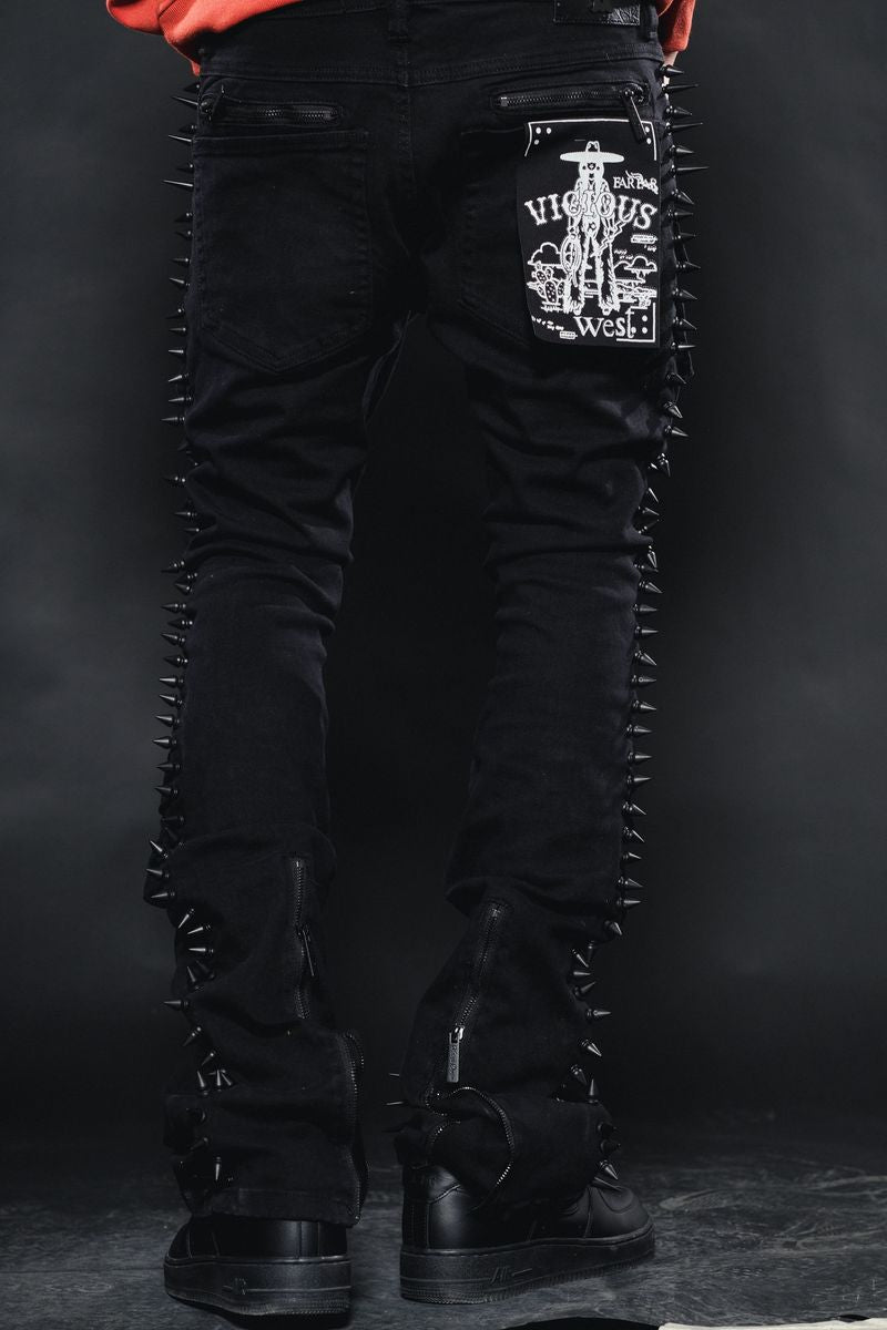 VICIOUS MULTI CARGO FLARE  DENIM  W/ZIPPER & SPIKE DETAIL VC664-BLACK