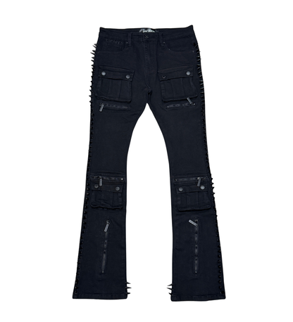 VICIOUS MULTI CARGO FLARE  DENIM  W/ZIPPER & SPIKE DETAIL VC664-BLACK