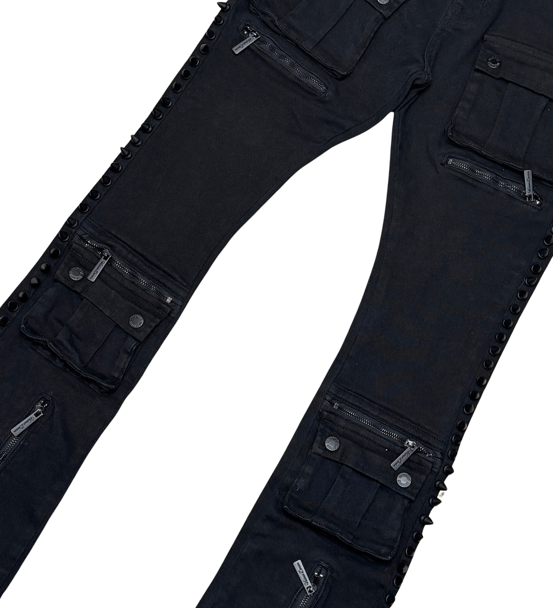 VICIOUS MULTI CARGO FLARE  DENIM  W/ZIPPER & SPIKE DETAIL VC664-BLACK