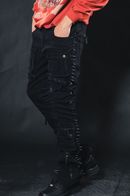 VICIOUS MULTI CARGO FLARE  DENIM  W/ZIPPER & SPIKE DETAIL VC664-BLACK