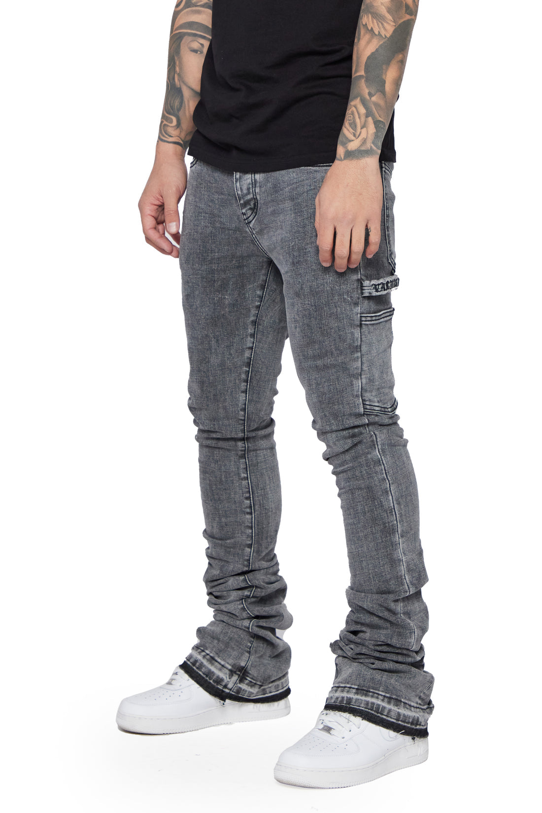 VALABASAS "MR. EXTENDO" LT. GREY WASHED STACKED FLARE JEAN - LIGHT GREY