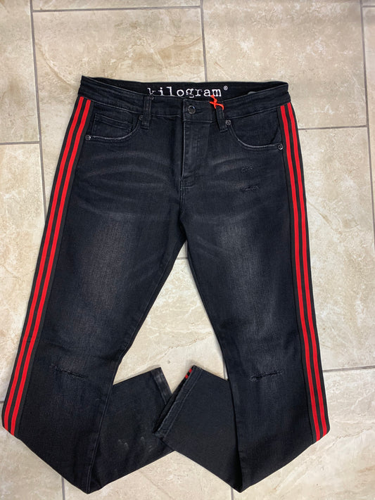 JET BLACK DENIM JEANS (BLACK AND RED STRIPES)-KILOGRAM