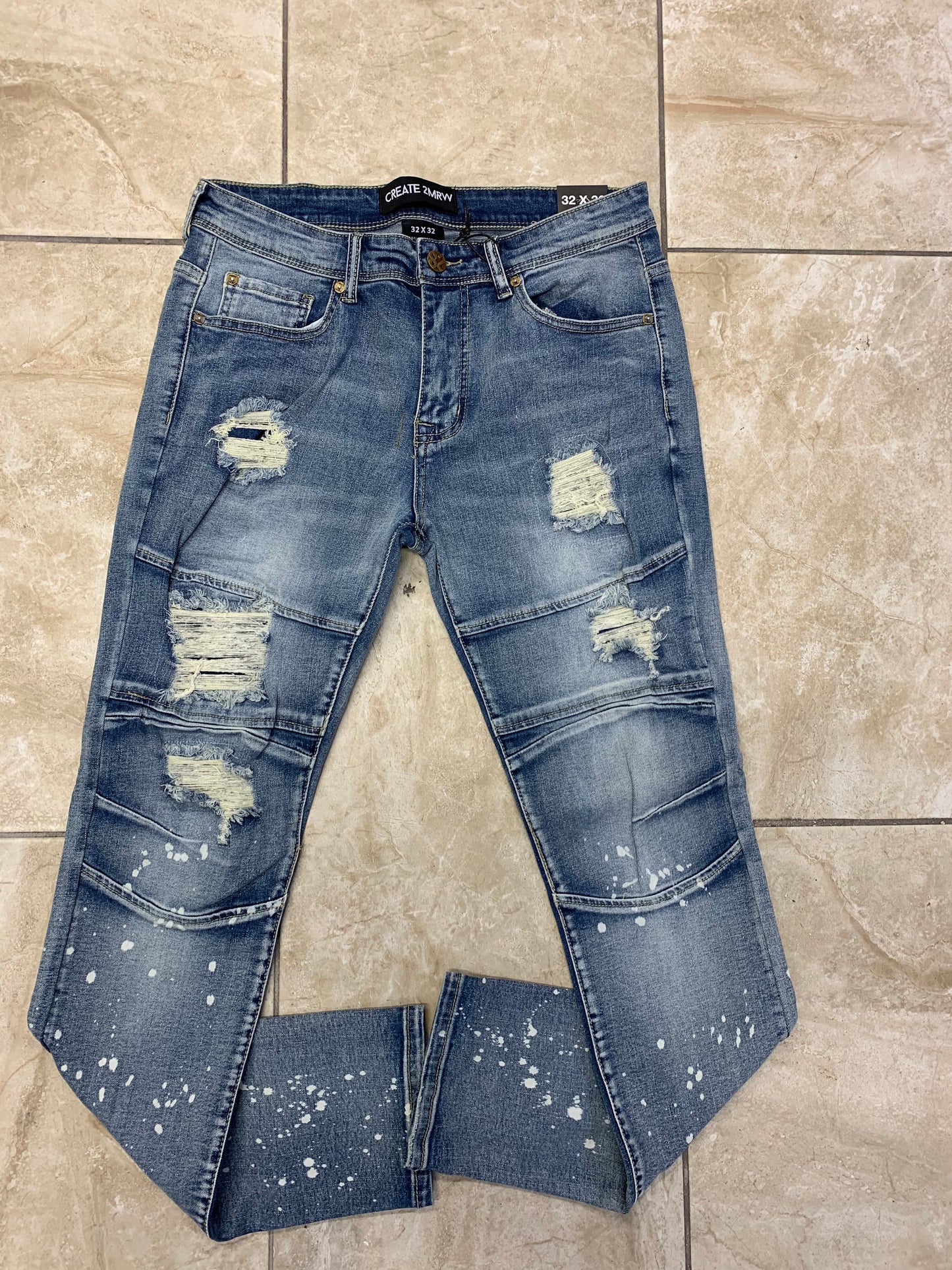 RIPPED STRAIGHT HOLES BIKER JEANS(MED INDIGO)-CREATE 2MRW