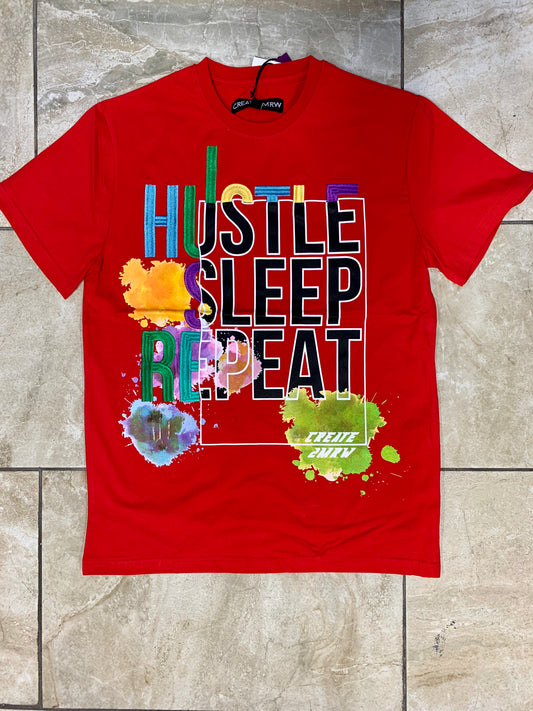 HUSTLE SLEEP REPEAT T-SHIRT (RED)- CREATE 2MRW